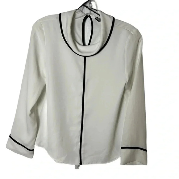 Zara blouse,women S. White,black contrast piping  , cowl ,key hole,career,classy - Picture 4 of 10